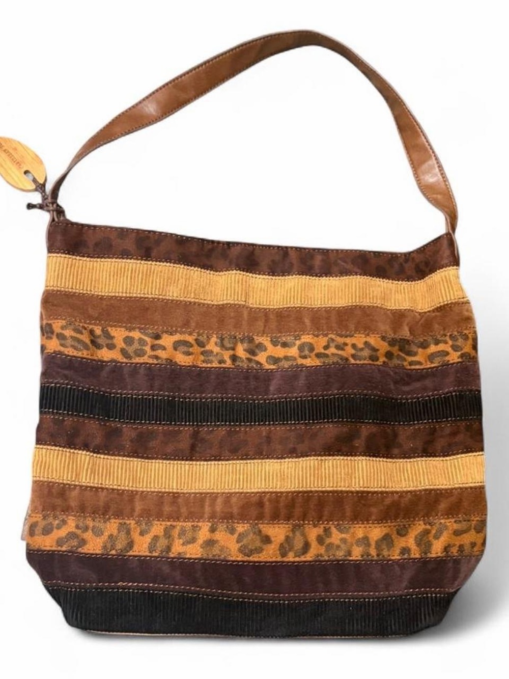 Caribbean Joe Brown and Tan Striped Shoulder Bag with Leopard Accent